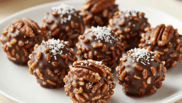 Schokoladen-Rice-Krispies-Kugeln: Das festliche Rezept, das Erdnussbutter, Pekannüsse und Schokoladenüberzug kombiniert Schokoladen-Rice-Krispies-Kugeln: Das festliche Rezept, das Erdnussbutter, Pekannüsse und Schokoladenüberzug kombiniert