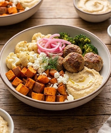 Mediterrane Puten-Meatballs mit Röstgemüse und Hummus