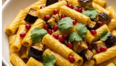 Erdnussbutter-Curry-Elicoidali mit Aubergine und Granatapfel