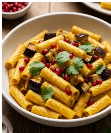 Erdnussbutter-Curry-Elicoidali mit Aubergine und Granatapfel