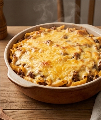 Nudelauflauf mit Rindfleisch und schmelzendem Käse