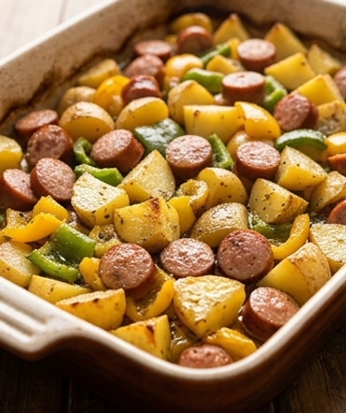 Ofen-Auflauf mit Räucherwurst und Kartoffeln