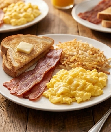 Klassisches amerikanisches Frühstück: Rührei, Hash Browns und goldener Toast