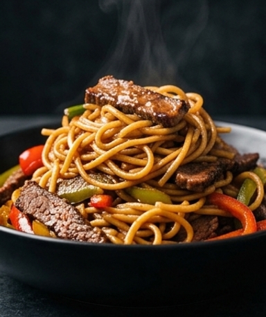 Sticky Nudeln mit karamellisiertem Rindfleisch