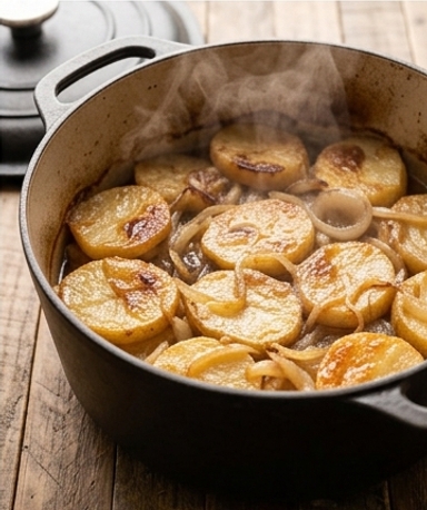 Geschmorte Kartoffeln mit karamellisierten Zwiebeln