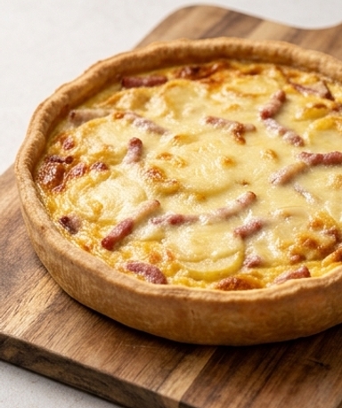 Quiche mit Raclette, Kartoffeln und Schinkenwürfeln