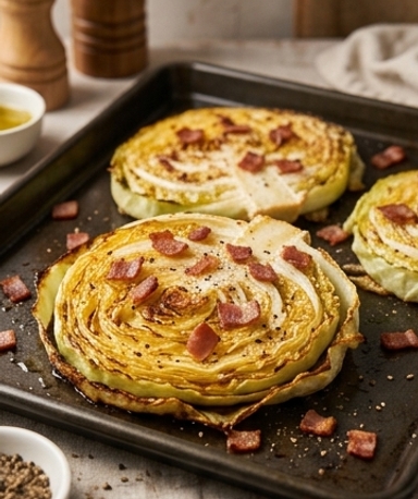 Knusprig geröstete Kohlsteaks mit Truthahn-Bacon