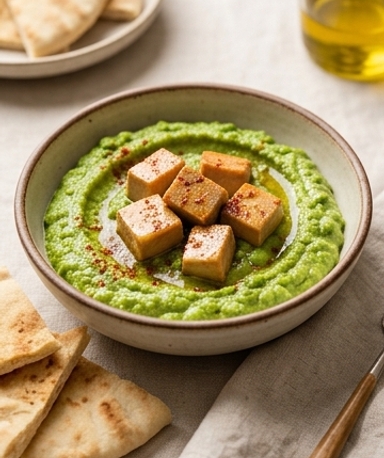 Frühlingshafter Aufstrich mit Ackerbohnen, Erbsen und Foie Gras