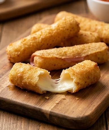 Knusprige Mozzarella-Sticks mit Putenschinken aus dem Ofen