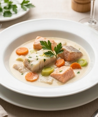Fisch-Blanquette: Seehecht, Lachs und Muscheln in cremiger Sauce