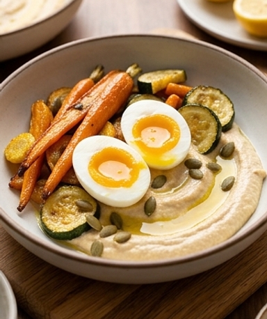 Bowl mit Hummus, weichgekochten Eiern und geröstetem Gemüse