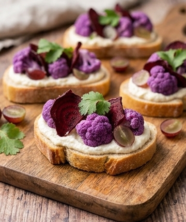 Bruschettas mit violettem Blumenkohl, Rote-Bete-Chips und Parmesancreme