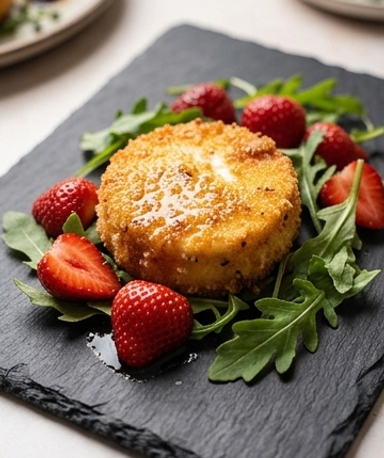 Panierte Cabécous mit Thymian und Balsamico-Röst-Erdbeeren