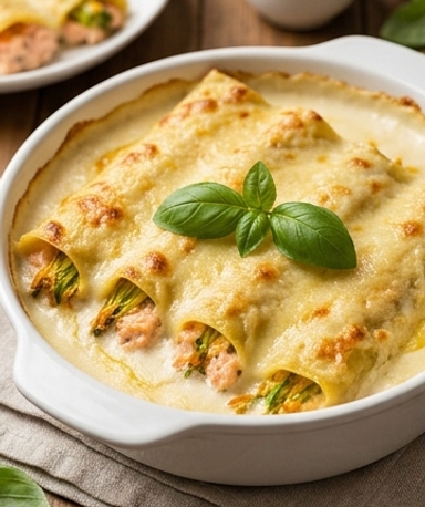 Mit Lachs, Ricotta und Zucchiniblüten gefüllte Cannelloni