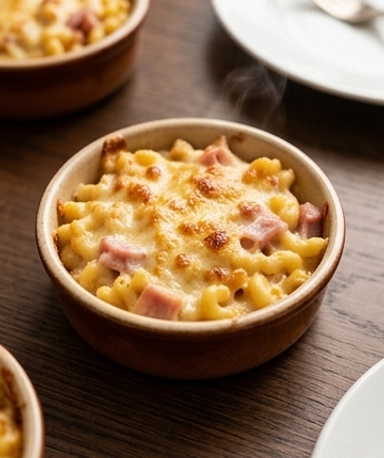 Überbackene Hörnchennudeln mit Putenschinken und Comté