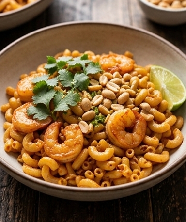 Spicy Coquillettes mit gebratenen Garnelen, Ingwer und Erdnüssen