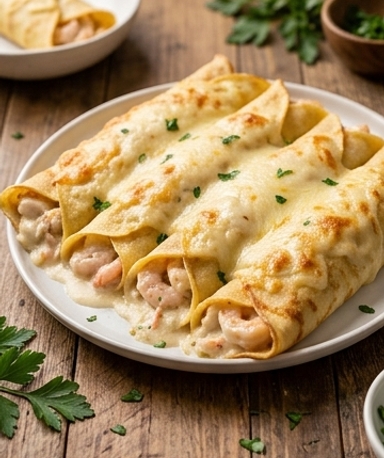 Gefüllte Crêpes mit cremigen Meeresfrüchten