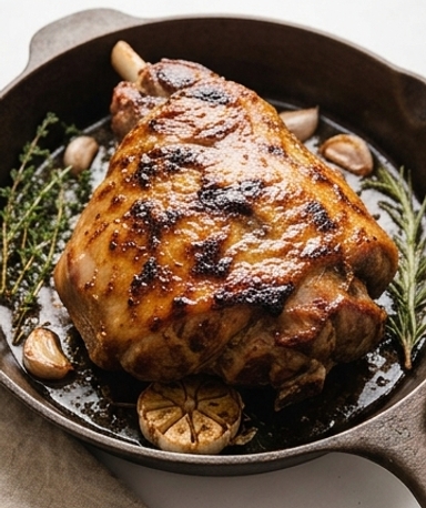 Confierte Lammschulter mit Knoblauch, Honig und Senf