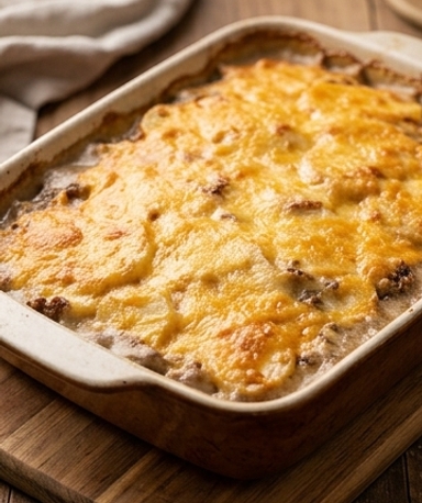 Rinderhack-Kartoffel-Gratin mit Pilzcreme