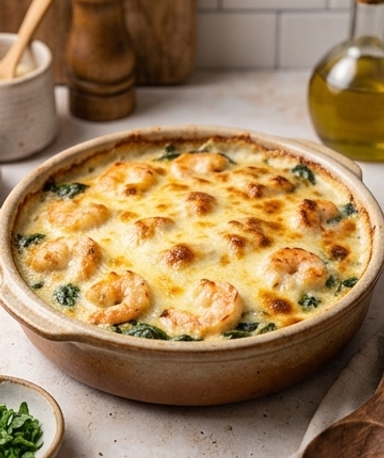 Garnelen-Spinat-Gratin mit Gruyère