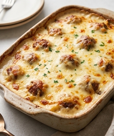 Kartoffelgratin mit Rinderhackbällchen und Mozzarella