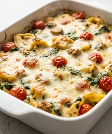 Tortellini-Auflauf mit Pesto, Hähnchenwurst und geschmolzenem Mozzarella