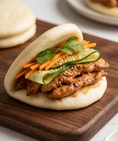Gua Bao mit mariniertem Hähnchen und knackigem Gemüse