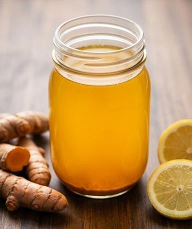 Goldenes Getränk mit Kurkuma, Zitrone und Knoblauch