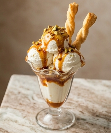 Trompe-l'œil Sundae: Aufgeschlagener Feta, Hot-Honey-Karamell und Blätterteigstangen