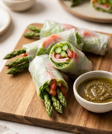 Frühlings-Makis mit Spargel, Olivensauce und Piment d'Espelette