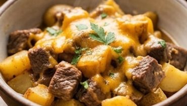 Rinderschmortopf mit Kartoffeln und geschmolzenem Cheddar aus dem Slow Cooker