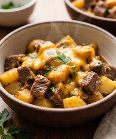 Rinderschmortopf mit Kartoffeln und geschmolzenem Cheddar aus dem Slow Cooker
