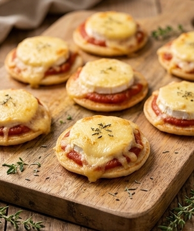 Mini-Blinis gratiniert mit Ziegenkäse und Tomate