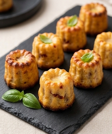 Herzhafte Mini-Cannelés mit getrockneten Tomaten & Putenschinken