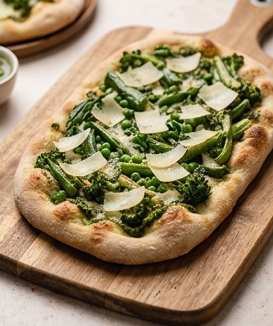 Pinsa mit grünem Gemüse und hausgemachtem Pesto