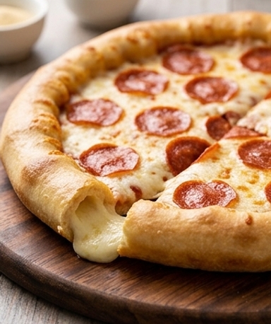 Hausgemachte Pizza mit Mozzarella-Käserand und Pepperoni