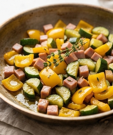 Gurkenpfanne mit Putenschinken und frischem Thymian