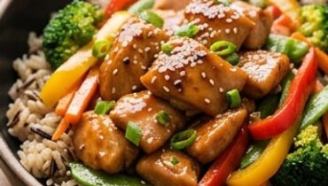 Glasierte Teriyaki-Hähnchenpfanne, knackiges Gemüse und Wildreis