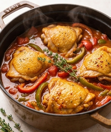 Baskisches Hähnchen mit Paprika und Piment d'Espelette