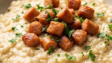 Cremiges Cancoillotte-Risotto mit knuspriger Räucherwurst