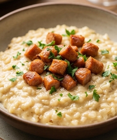 Cremiges Cancoillotte-Risotto mit knuspriger Räucherwurst