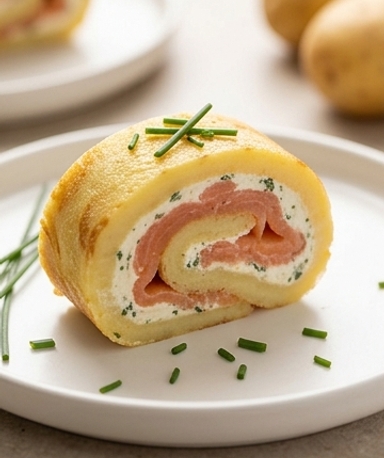 Kartoffelrolle mit Räucherlachs und Kräuterkäse