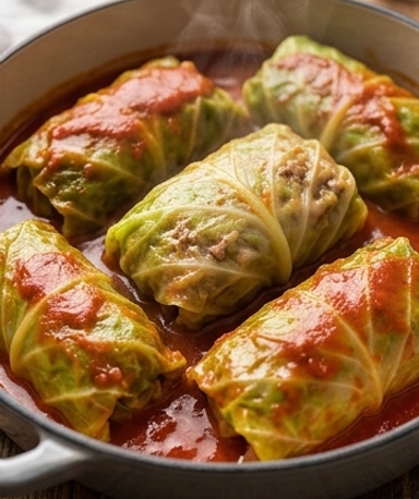 Gefüllte Kohlrouladen mit Rindfleisch und Reis in geschmorter Tomatensauce