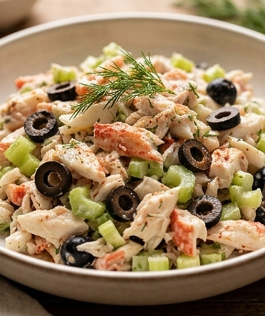 Cremiger Meeresfrüchtesalat mit Mayo und schwarzen Oliven