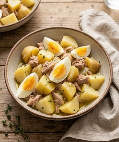 Kartoffelsalat mit Thunfisch und hartgekochten Eiern