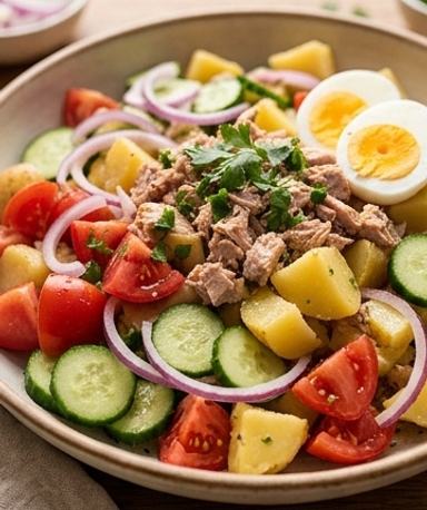 Kartoffelsalat mit Thunfisch und harten Eiern