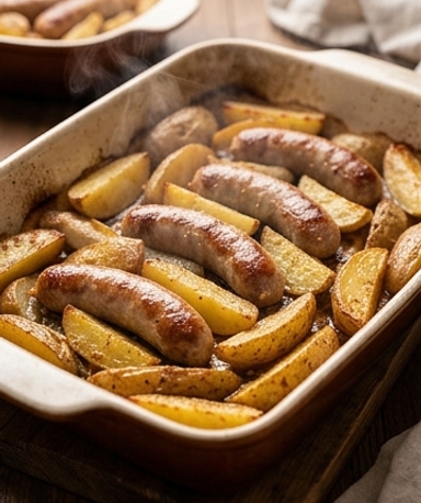 Geflügelwürstchen & Senf-Röstkartoffeln