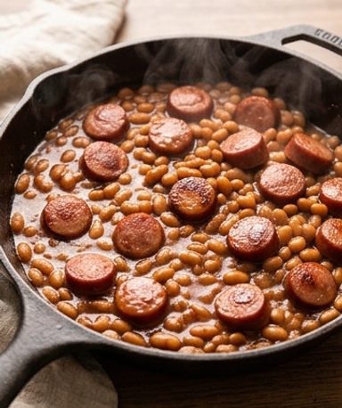 Geschmorte Würstchen und Bohnen