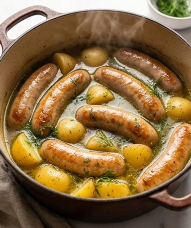 Geschmorte Putenwürstchen mit Kartoffeln