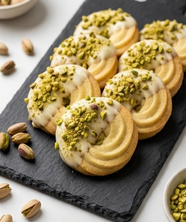 Pistazien-Spritzgeback mit weißer Schokolade